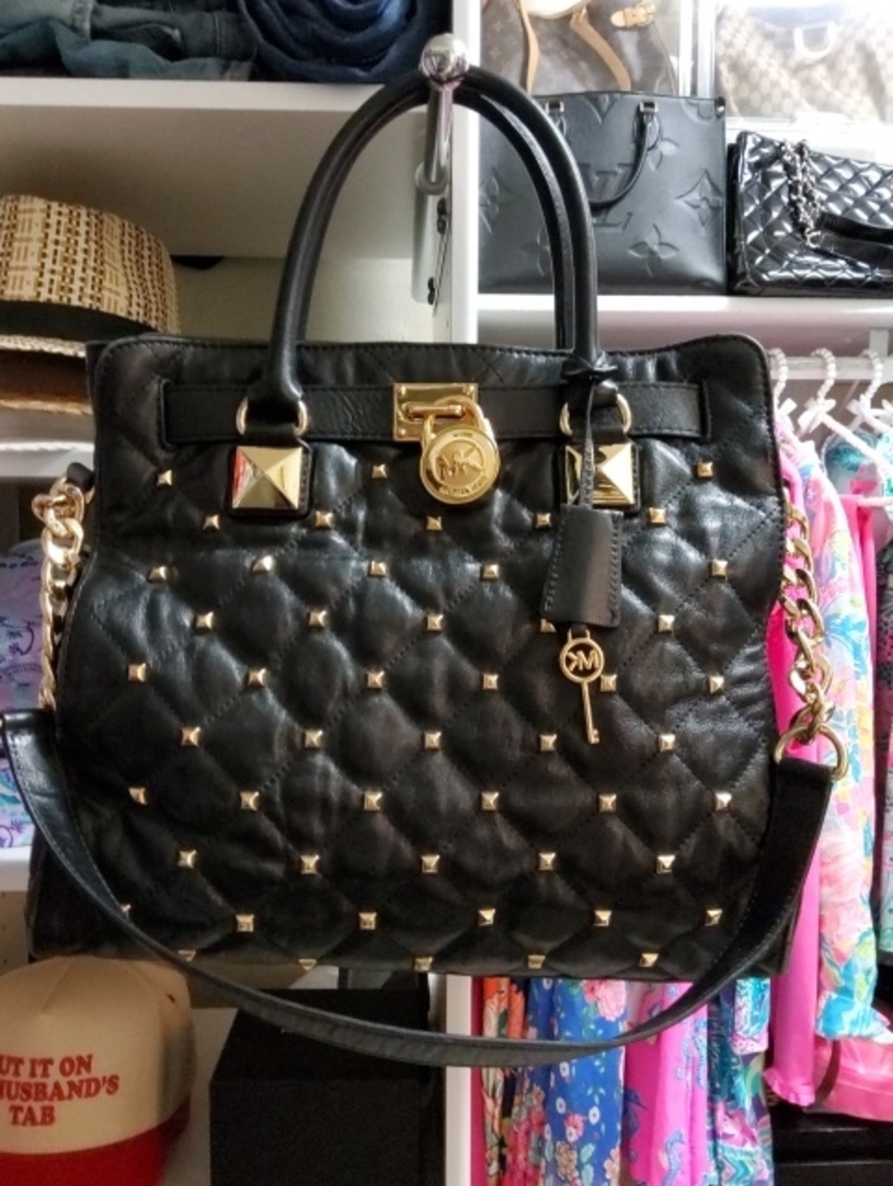 Michael Kors Black Quilted Hamilton Bag with Gold Studs